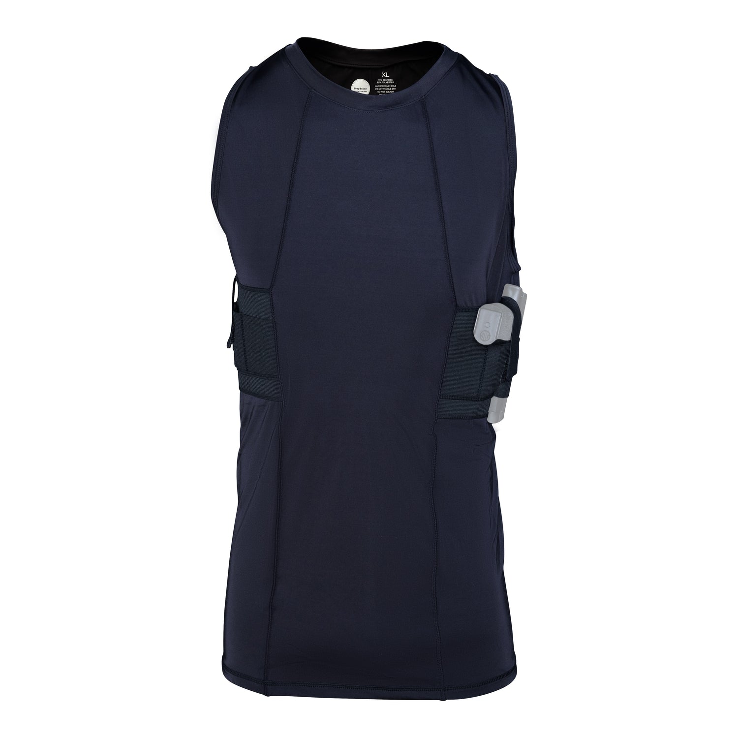 Front view of the navy men's concealed carry tank top with a pistol and spare magazine in the side holster pockets